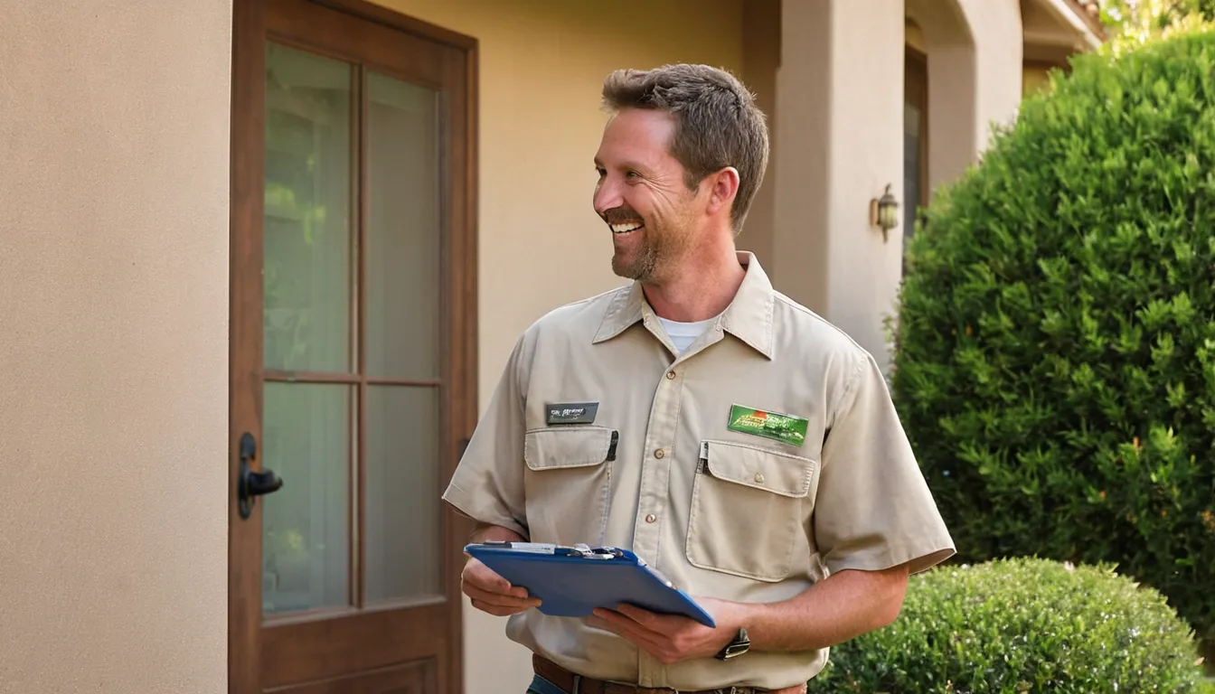 Friendly pest control provider talking with a homeowner outside a stucco home in Whittier
